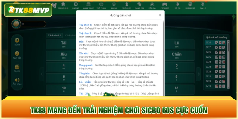 TK88 mang đến trải nghiệm chơi Sicbo 60s cực cuốn